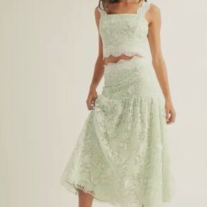NWT Tuckernuck Just Me Green Mint White Lace Floral Midi Spring Skirt Set Sz L